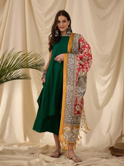 InWeave - Green Solid Kurta and Palazzo with Dupatta (Set of 3)