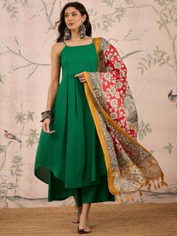 InWeave - Green Solid Kurta and Palazzo with Dupatta (Set of 3)