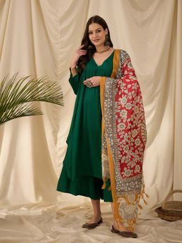 InWeave - Green Solid Kurta and Palazzo with Dupatta (Set of 3)