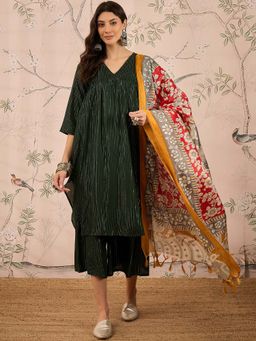 InWeave - Green Stripes Kurta and Palazzo with Dupatta (Set of 3)