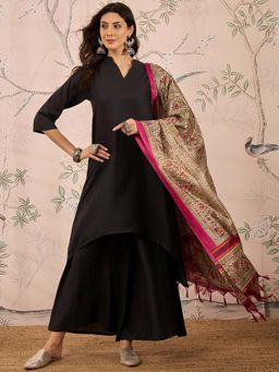 InWeave - Black Solid Kurta and Palazzo with Dupatta (Set of 3)
