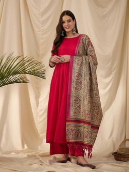 InWeave - Pink Solid Anarkali Kurta and Palazzo with Dupatta (Set of 3)