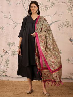 InWeave - Black Solid Kurta and Palazzo with Dupatta (Set of 3)