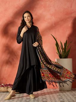 InWeave - Black Solid Kurta and Palazzo with Dupatta (Set of 3)