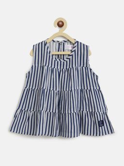 Tales & Stories - Girl's Stripes Navy Blue Rayon Sleeveless Dress