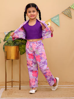 AJ Dezines - Purple Cotton Full sleeves Floral Girls Co-Ord (Set of 3)