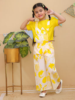 AJ Dezines - Yellow Cotton Half Sleeves Floral Girls Dungaree & Top (Set of 2)