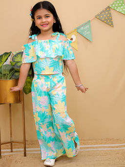 AJ Dezines - Blue Cotton Half Sleeves Floral Girls Co-Ord (Set of 2)