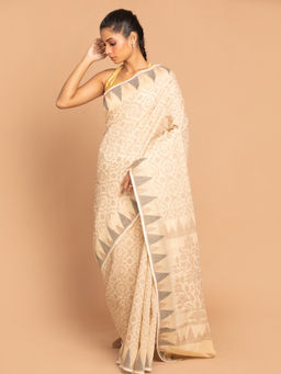 Indethnic - Banarasi Biscuit Woven Design Work Wear Saree With Unstitched Blouse
