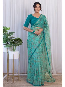 Label Kanupriya - Turquoise Madhubani Print Organza Saree with Unstitched Blouse