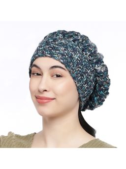 Magic Needles - Women Blue Cream-Coloured Self Design Beanie