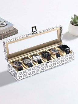 Kuber Industries - White Faux Leather 6 Slots Wrist Watch Organiser Box
