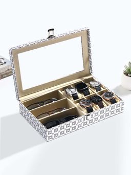 Kuber Industries - White Faux Leather 6+3 Slots Watch Organizer & Sunglasses Case