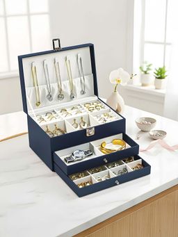 Kuber Industries - Navy Blue Leather Jewellery Box with Double Tray