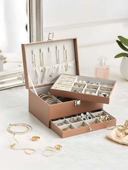 Kuber Industries - Brown Leather 2-Tier Jewellery Organizer Box