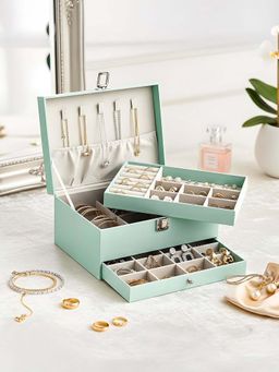 Kuber Industries - Pista Green Leather 2-Tier Jewellery Organizer Box