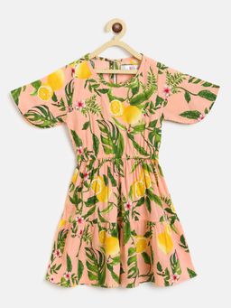Tales & Stories - Baby Girl's Floral Printed Peach Rayon Regular Fit Half Sleeved Dress