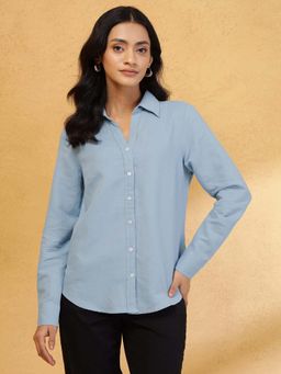 Fabindia - Blue Cotton Linen Slim Fit Shirt