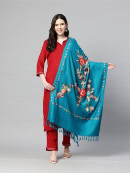 SWI STYLISH - Blue Woollen Embroidered Shawl