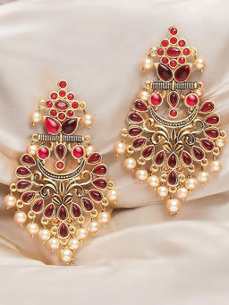 OOMPH - Red Stone and Pearls Floral Large Chandbali Earrings