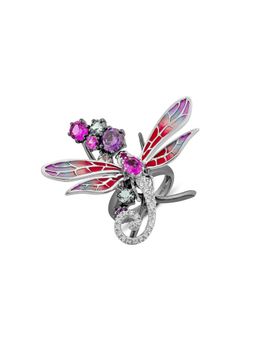MISS JO - Gossamer Wing Silver Cocktail Ring In Multicolor with Pink Wings Size