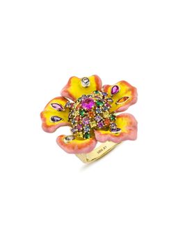 MISS JO - Petal Splendour Silver Cocktail Ring In Yellow with Multicolor Stones Size