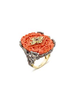 MISS JO - Garden Luster Silver Cocktail Ring In Orange with White Stones Size