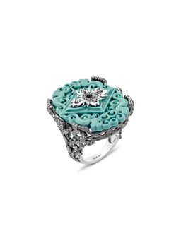 MISS JO - Garden Luster Silver Cocktail Ring In Turquoise with White Stones Size