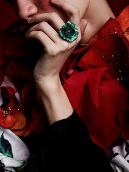 MISS JO - Begonia Bloom Silver Cocktail Ring In Green with White Stones Size