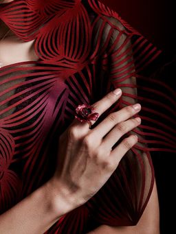 MISS JO - Begonia Bloom Silver Cocktail Ring In Red with White Stones Size