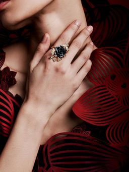 MISS JO - Whimsical Winged Rose Silver Cocktail Ring In Black with White Stones Size