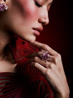 MISS JO - Whimsical Winged Rose Silver Cocktail Ring In Pink with White Stones Size