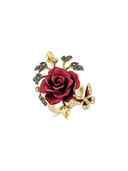 MISS JO - Whimsical Winged Rose Silver Cocktail Ring In Red with White Stones Size