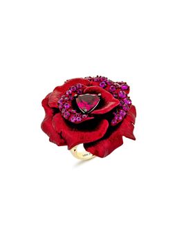 MISS JO - Majestic Rosa Gleam Silver Cocktail Ring In Red with White Stones Size