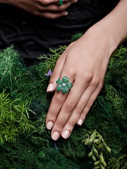 MISS JO - Enchanted Petal Symphony Silver Cocktail Ring In Green Size
