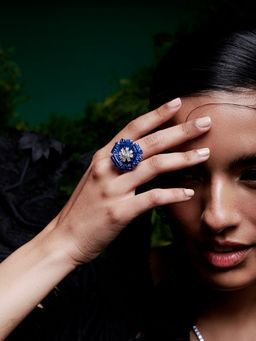 MISS JO - Mystical Petal Cascade Silver Cocktail Ring In Blue Size