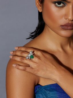 MISS JO - Enchanted Hive Honey Bee Silver Cocktail Ring In Green Size