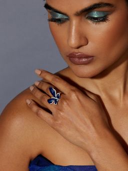 MISS JO - Morpho Butterfly Silver Cocktail Ring In Blue Size