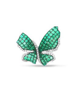 MISS JO - Morpho Butterfly Silver Cocktail Ring In Green Size