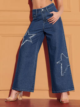 Miss Chase - Womens Navy Blue High Rise Mildly-Distressed Stretchable Wide-Leg Jeans