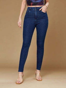 Miss Chase - Womens Blue Skinny-Fit High-Rise Cropped Stretchable Denim Jeans