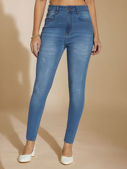 Miss Chase - Womens Blue Skinny High Rise Mild Distress Stretchable Denim Jeans
