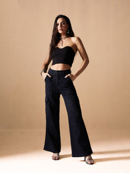 Miss Chase - Womens Black Wide-Leg High-Rise Clean-Look Stretchable Denim Cargo Jeans