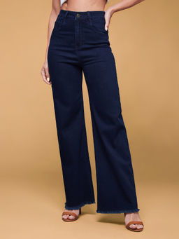 Miss Chase - Womens Navy Blue Wide-Leg High-Rise Clean-Look Stretchable Denim Jeans