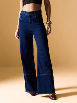 Miss Chase - Womens Navy Blue Wide Leg High Rise Clean Look Stretchable Denim Jeans