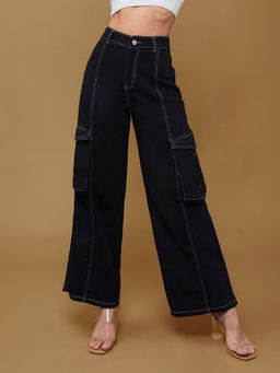 Miss Chase - Womens Black Wide-Leg High-Rise Stretchable Patch-Pocketed Denim Jeans