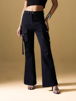 Miss Chase - Womens Black Bootcut High-Rise Clean-Look Stretchable Denim Jeans