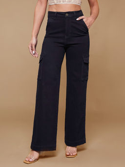 Miss Chase - Womens Black Wide-Leg High-Rise Regular-Length Stretchable Denim Jeans