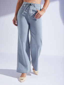 Miss Chase - Womens Light Blue High-Rise Wide Leg Stretch Denim Jeans