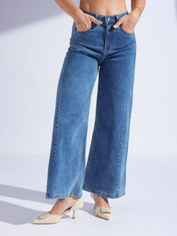 Miss Chase - Womens Mid Blue Wide Leg High Rise Curved Panel Clean Look Denim Jeans